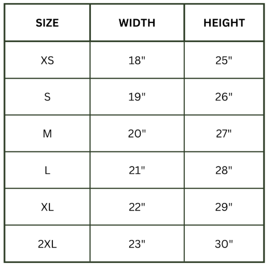 Merchandise size chart